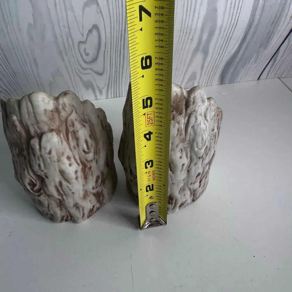 Vintage Lot Of 2 Hand-Painted Porcelain Great Horned Owl Family 5.5”Hollow Stump
